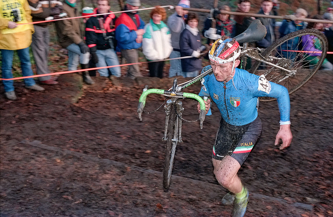 Shouldering a cyclocross bike up a hill