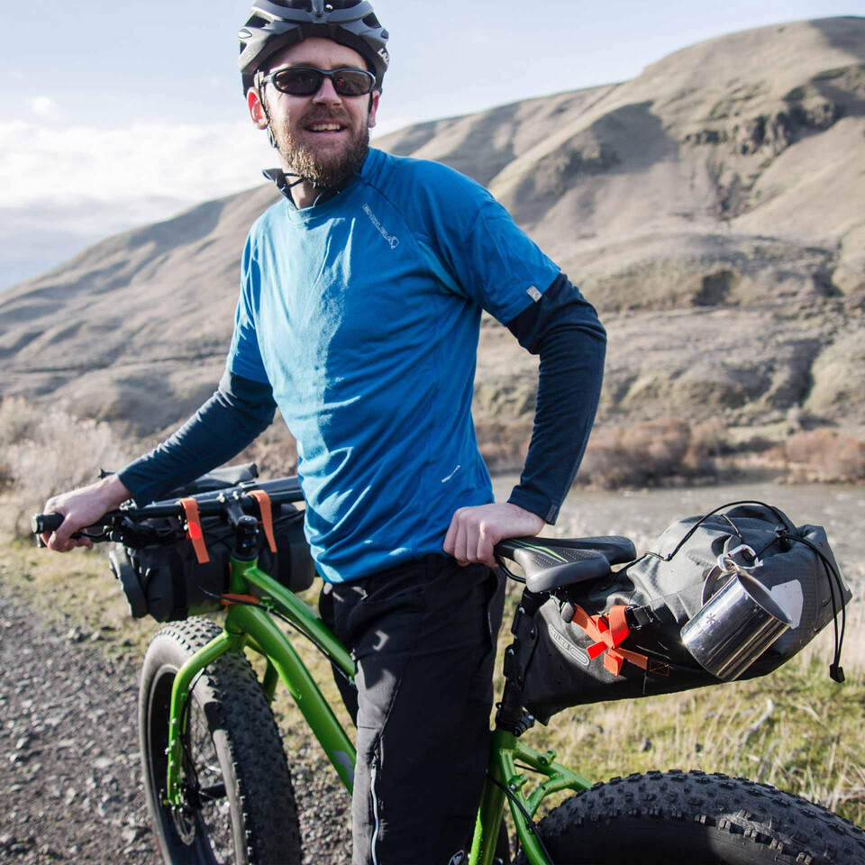 Rider using Ortlieb bags off road