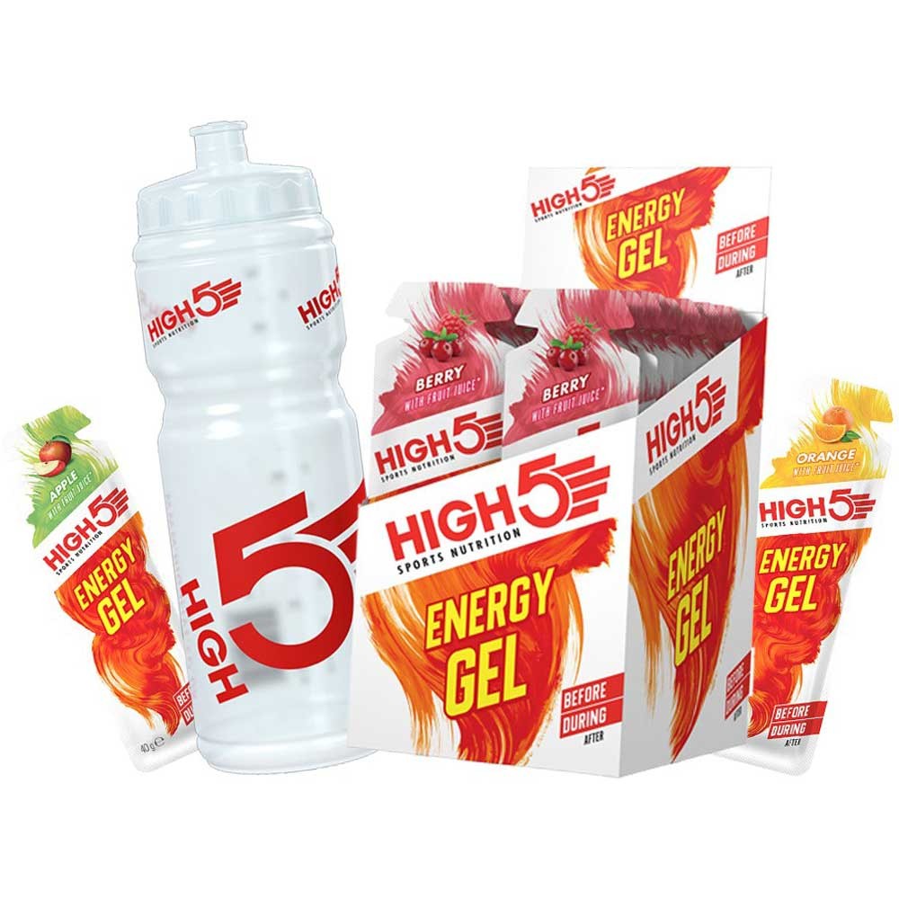 High5 Energy Gels Box of 20 Assorted Flavours and Water Bottle Bundle
