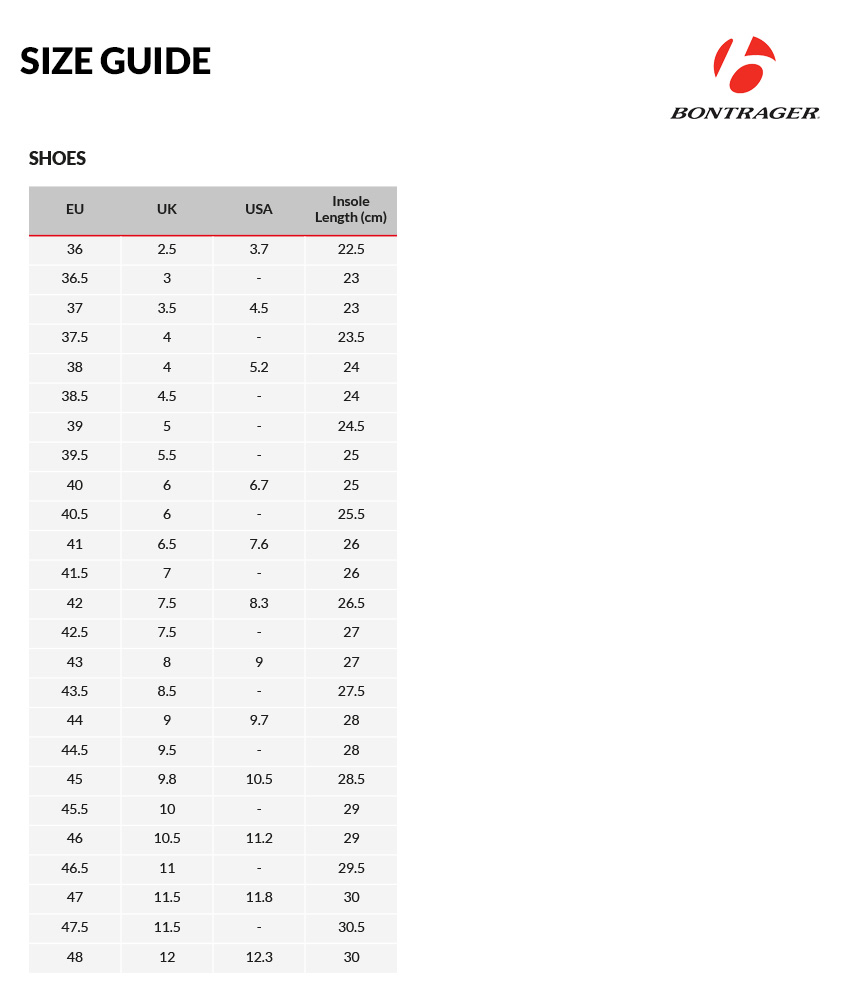 Bontrager Bike Shoes Size Chart Bontrager Bike Shoes Size Chart
